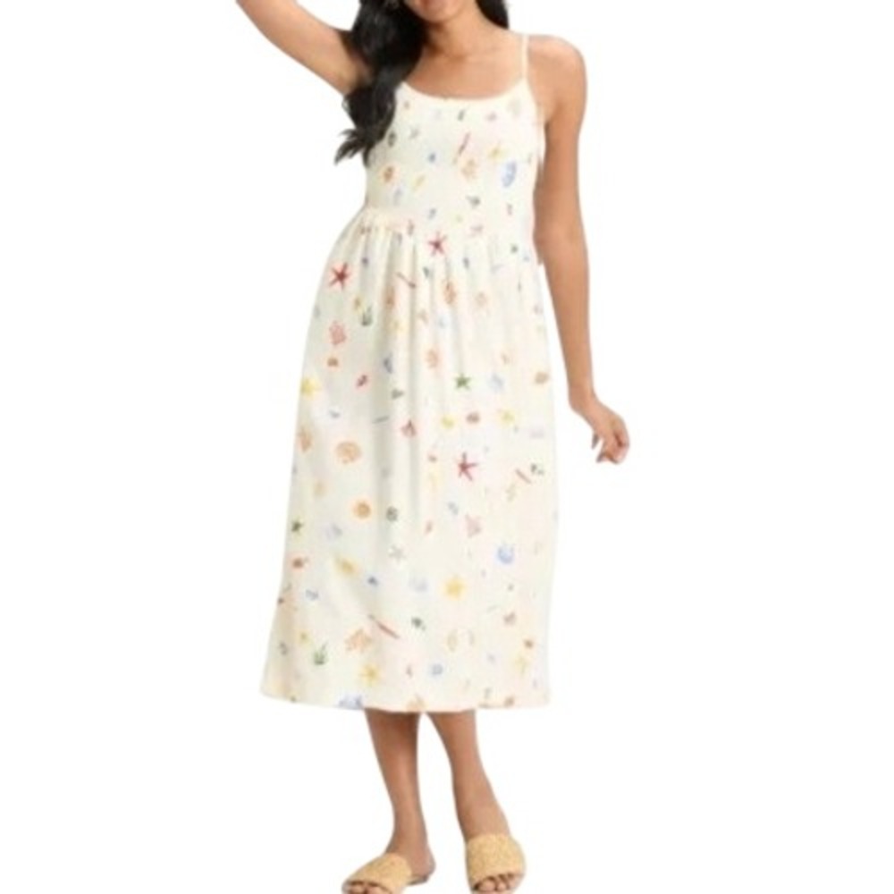 A New Day Womens S Cream Seashell Print Smocked Waist Midi Dress NWT